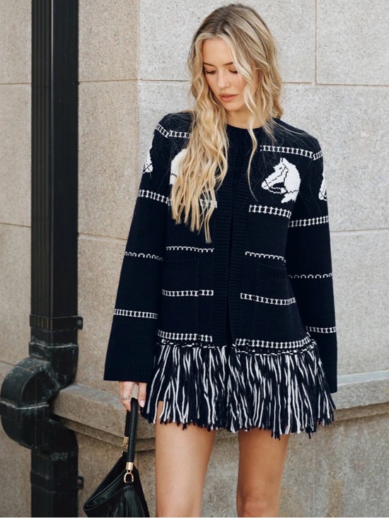 Commense Sweaters - COMMENSE Horse-Pattern Wool Blend Fringe Cardigan XL